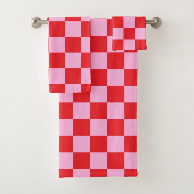 Bright Red and Light Pink Checkered Bath Towel Set (Insitu)