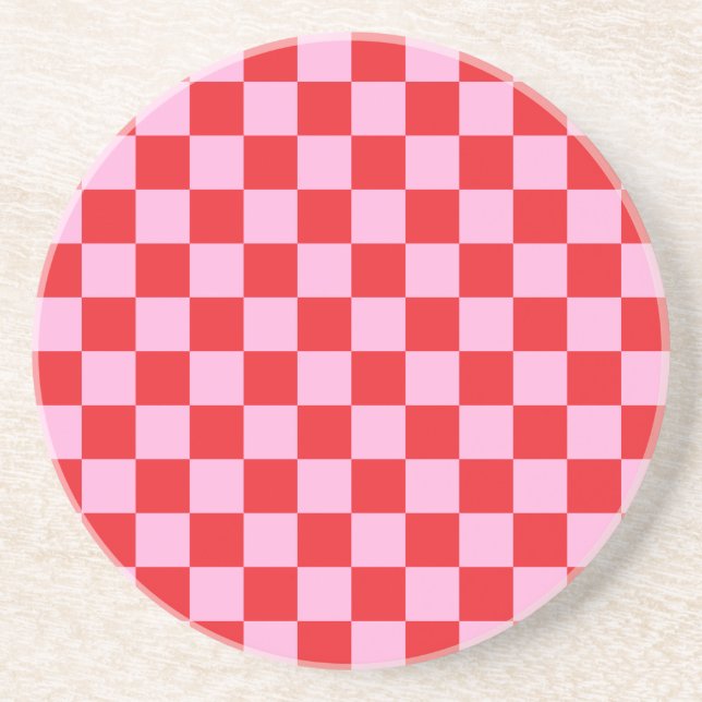 Bright Red and Light Pink Checkered Coaster (Front)