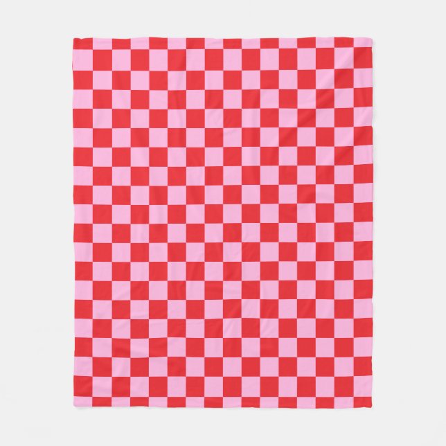 Bright Red and Light Pink Checkered Fleece Blanket (Front)