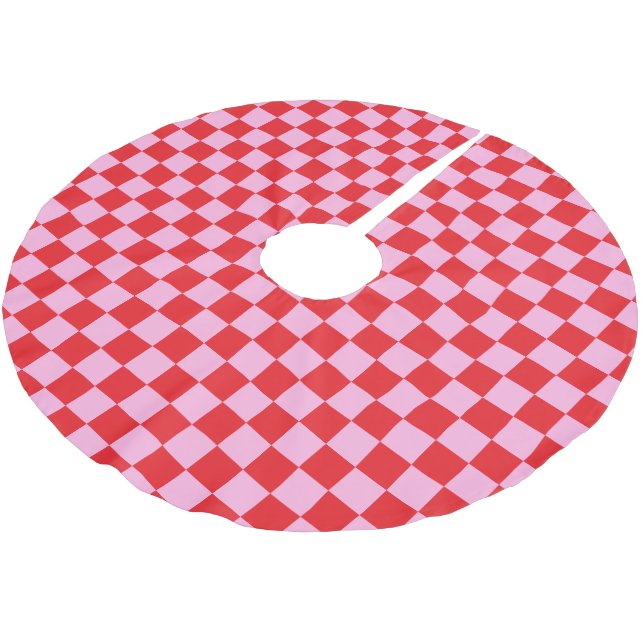 Bright Red and Light Pink Chequered Brushed Polyester Tree Skirt (Angled)
