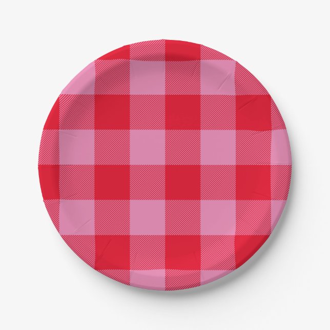 Bright Red and Pink Buffalo Plaid Paper Plate (Front)