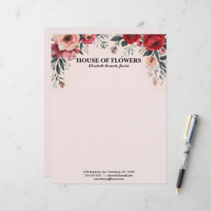 Bright Red and Pink Flowers on Pink Custom Letterhead