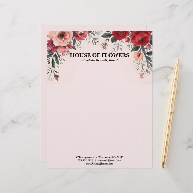 Bright Red and Pink Flowers on Pink Custom Letterhead (Front/Back In Situ)