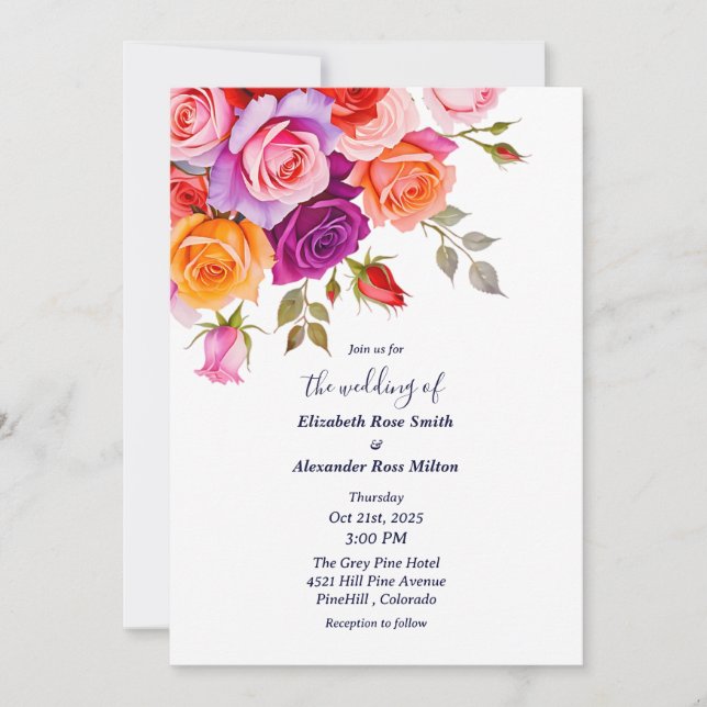 Bright Red and pink purple roses floral wedding Invitation (Front)