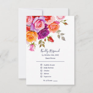 Bright Red and pink purple roses floral wedding RSVP Card