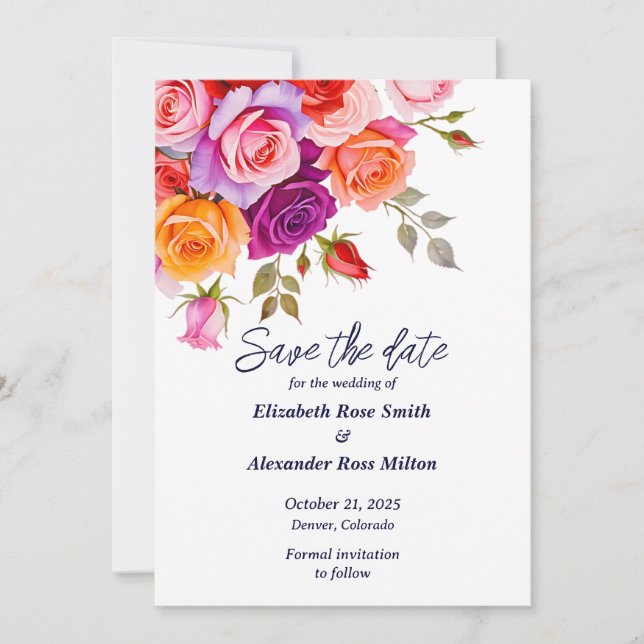 Bright Red and pink purple roses floral wedding Save The Date (Front)