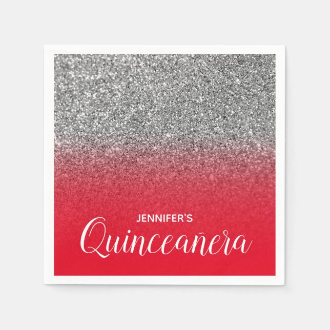 Bright Red and Silver Glitter Ombre Quinceanera Napkin (Front)