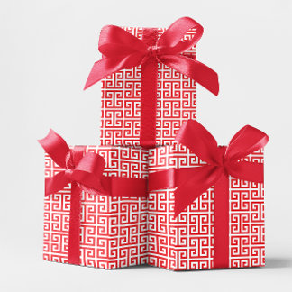 Bright Red and White Greek Key Pattern Wrapping Paper