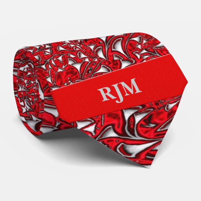 Bright Red and White Paisley Print with Monogram Tie (Rolled)
