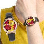 Bright Red and Yellow Gerber Daisies Watch<br><div class="desc">A fun colourful watch face adorned with colourful yellow and red Gerber daisy photographs over a black background with the vintage leather band. The white numbers are a template which you can remove/clear. You can also transfer this design where it fits appropriately to another product in the scroll bar such...</div>