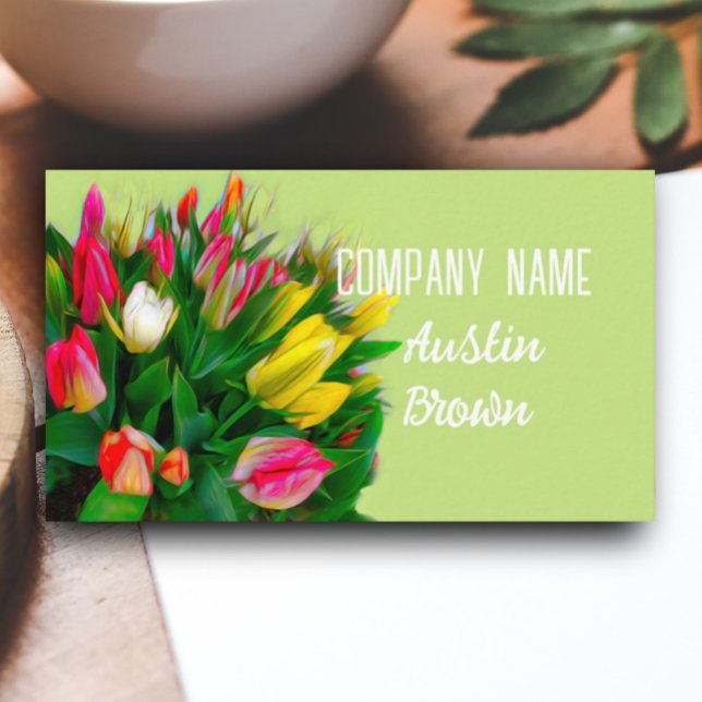 bright red and yellow tulips on spring green  business card (Creator Uploaded)
