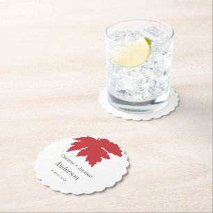 Bright Red Autumn Maple Leaf Wedding Party Paper Coaster