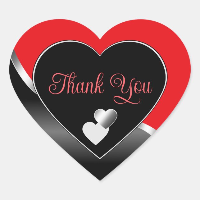 Bright Red Black and Hearts Wavy Silver Thank You Heart Sticker (Front)