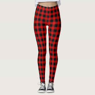 Bright Red Black Buffalo Plaid Tartan Leggings