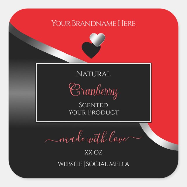 Bright Red Black Wavy Silver Hearts Product Labels (Front)