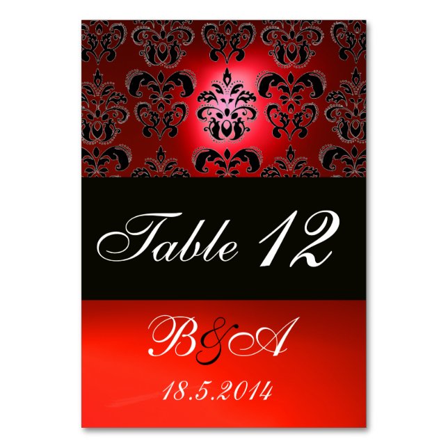 BRIGHT RED BLACK WHITE CLASSY DAMASK MONOGRAM TABLE NUMBER (Back)