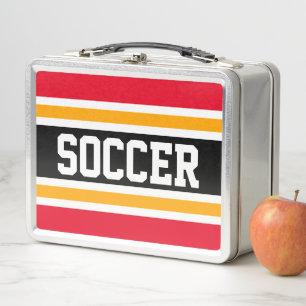 Bright Red Black White Orange SOCCER Stripes Metal Lunch Box