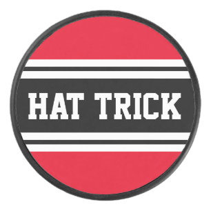 Bright Red Black White Racing Stripes "HAT TRICK" Hockey Puck