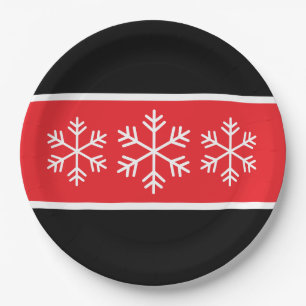 Bright Red Black White Stripes Alpine Snowflakes Paper Plate