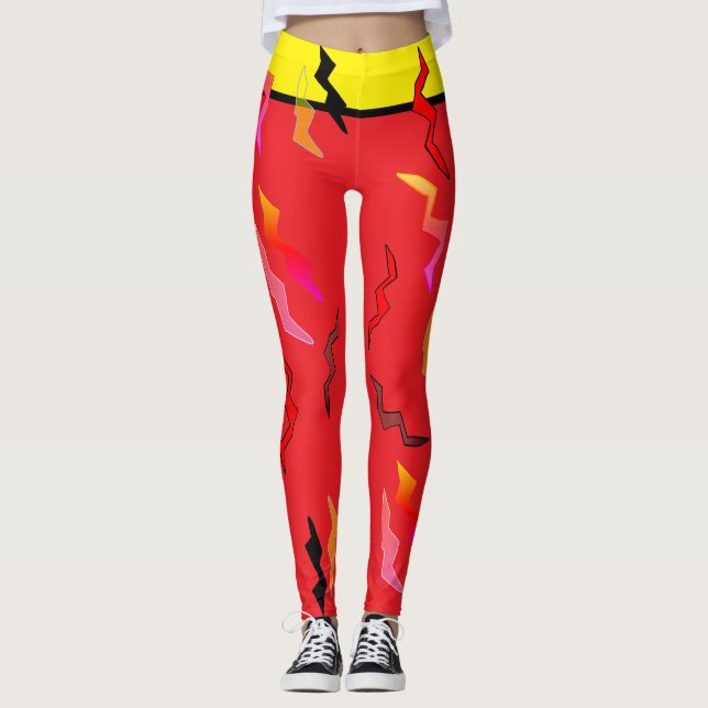 Bright Red Black Yellow Lightning Bolts Halloween  Leggings (Front)