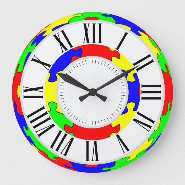 Bright Red, Blue, Green and Yellow Jigsaw Puzzle Large Clock (Front)