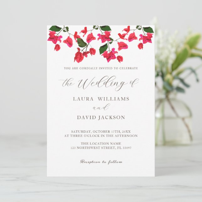 Bright Red Bougainvillea Flower Wedding Invitation (Standing Front)