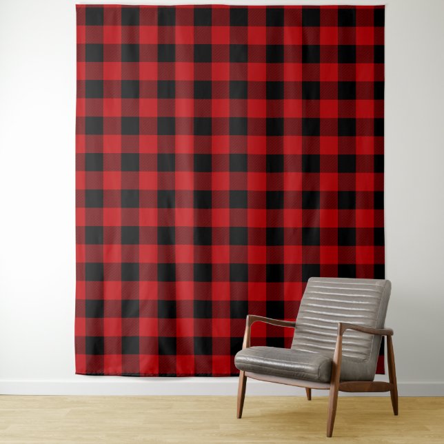 Bright Red Buffalo Plaid Backdrop Wall Covering Tapestry (In Situ)