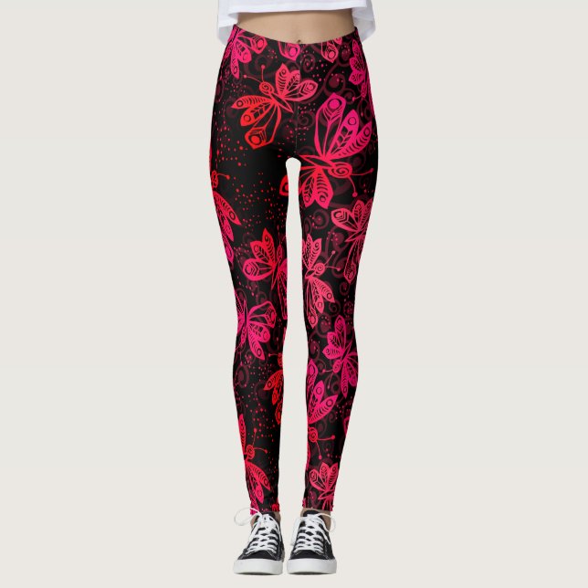 Bright Red Butterflies Leggings (Front)