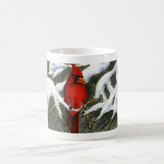 Bright red Cardinal bird in snowy pines  Coffee Mu Mug (Center)