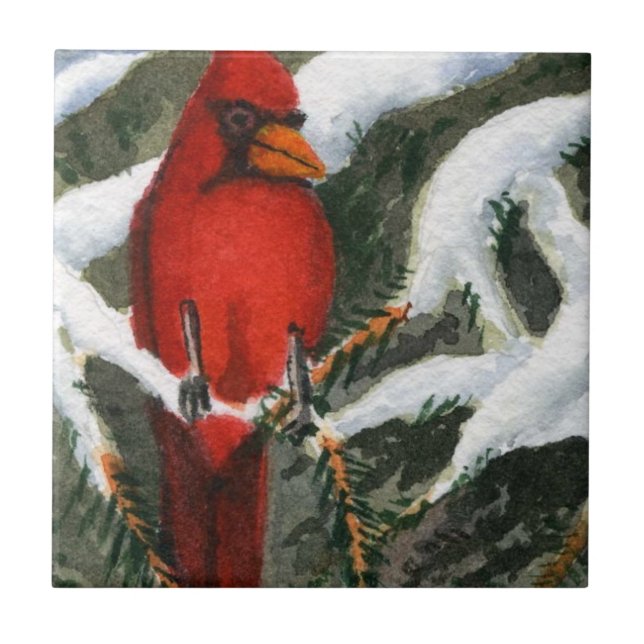 Bright red Cardinal in a snow covered pine Tile (Front)