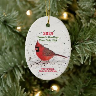 BRIGHT RED CARDINAL IN SNOW/ STATE BIRD OF OHIO CERAMIC TREE DECORATION