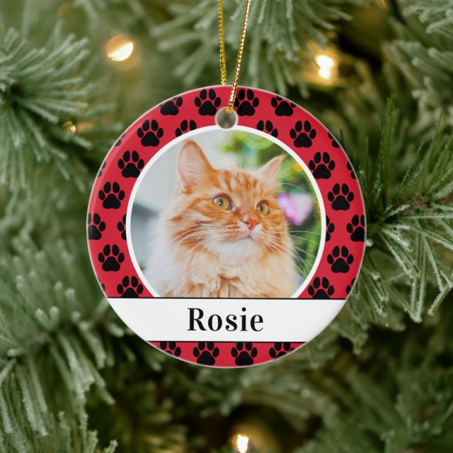 Bright Red Cat Photo Script Name Paw Print Ceramic Tree Decoration (Tree)