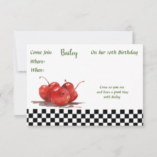 Bright Red Cherries on a Checked Tablecloth   Invitation