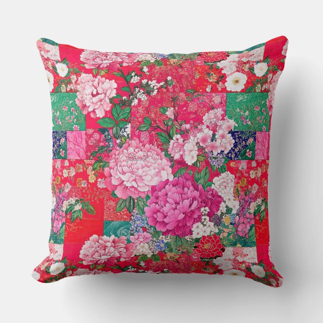 Bright Red Chinoiserie Patchwork Floral Cushion (Front)