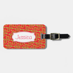 Bright red christmas paisley named luggage tag