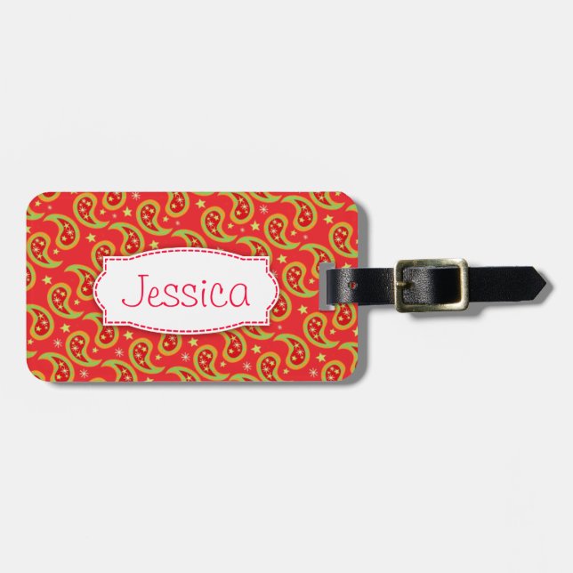 Bright red christmas paisley named luggage tag (Front Horizontal)