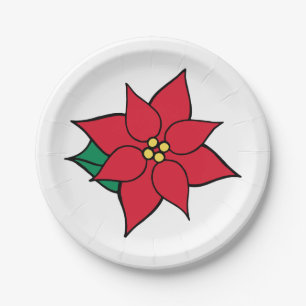 Bright Red Christmas Party Poinsettia Paper Plates