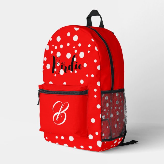Bright Red Colour - Cool Initial Letter & Name Printed Backpack (Back Corner Right)