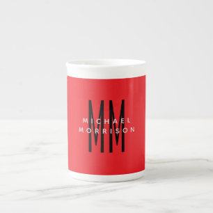 Bright Red Colour Monogram Initial Letters Name Bone China Mug