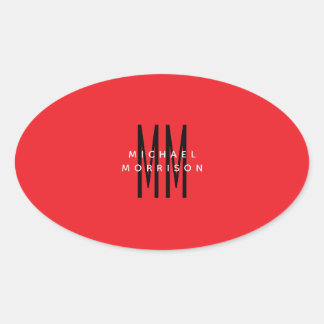 Bright Red Colour Monogram Initial Letters Name Oval Sticker