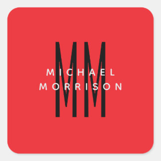 Bright Red Colour Monogram Initial Letters Name Square Sticker