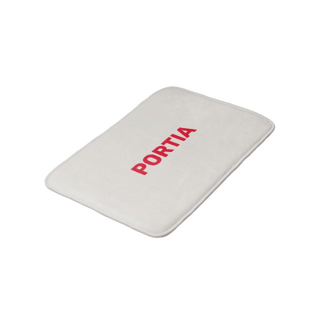Bright red custom name plain grey bath mat (Angled)