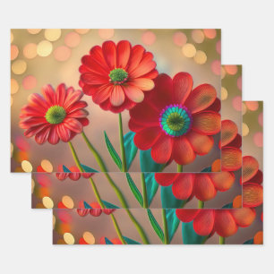 Bright Red Daisy Flowers Wrapping Paper Sheet