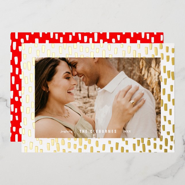 Bright Red Dashing Dots Photo Frame Gold Foil Holiday Card (Front/Back)