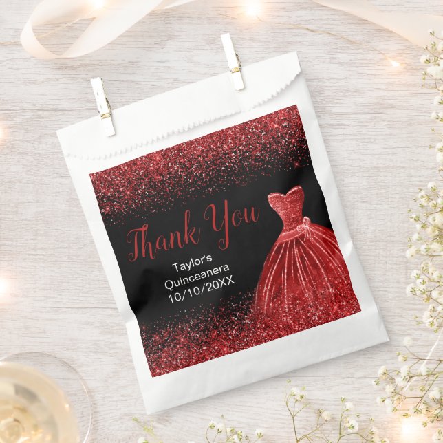 Bright Red Dress Faux Glitter Quinceanera Favour Bags (Clipped)