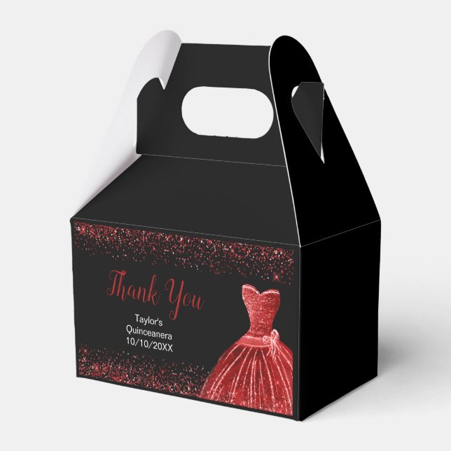 Bright Red Dress Faux Glitter Quinceanera Favour Box (Front Side)