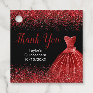 Bright Red Dress Faux Glitter Quinceanera Favour Tags