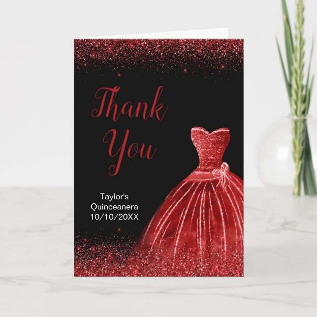 Bright Red Dress Faux Glitter Quinceanera Thank You Card (Front)