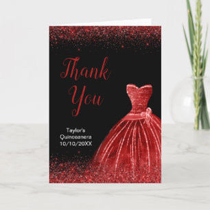 Bright Red Dress Faux Glitter Quinceanera Thank You Card