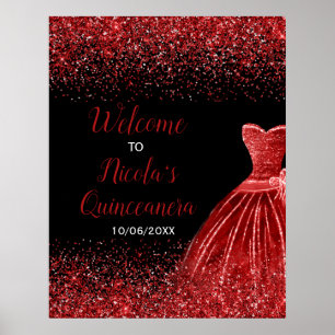 Bright Red Dress Faux Glitter Quinceanera Welcome Poster